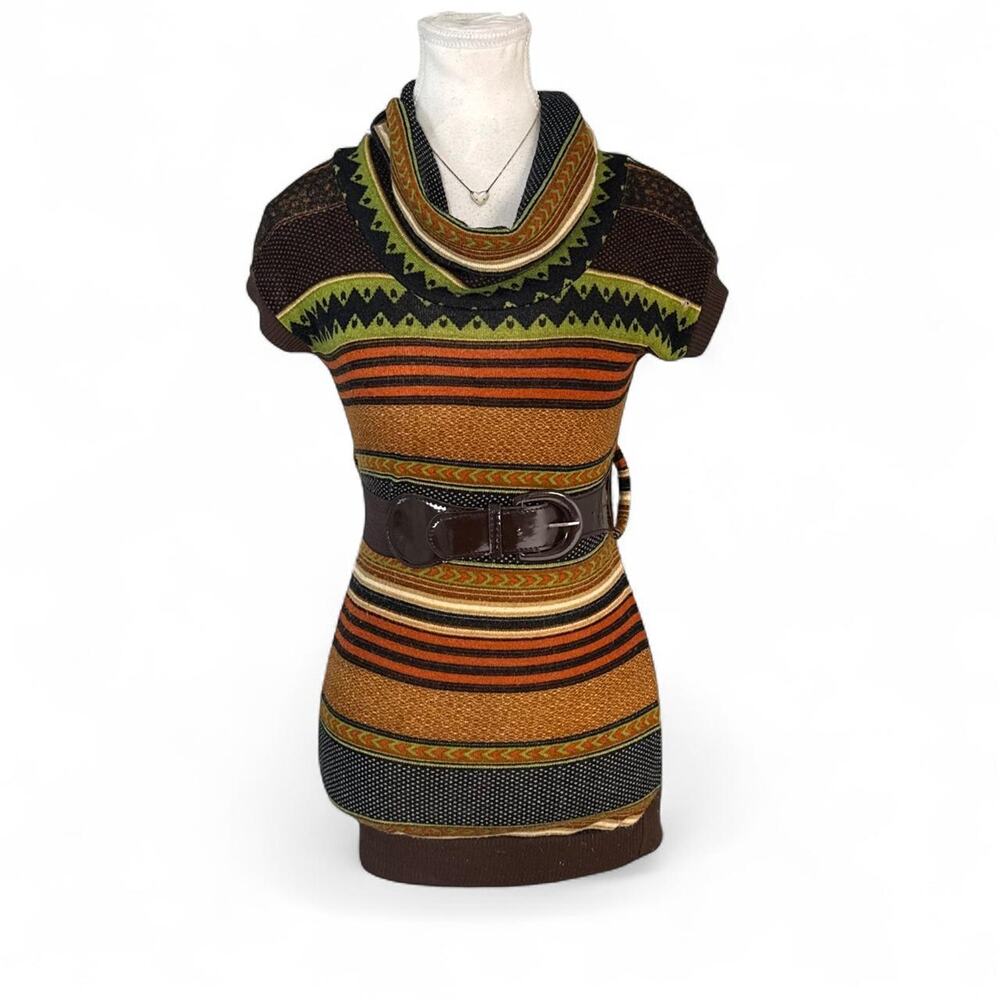 Y2K Striped mini dress fall staple belt size XS cowl neck overlay 2000s Girls